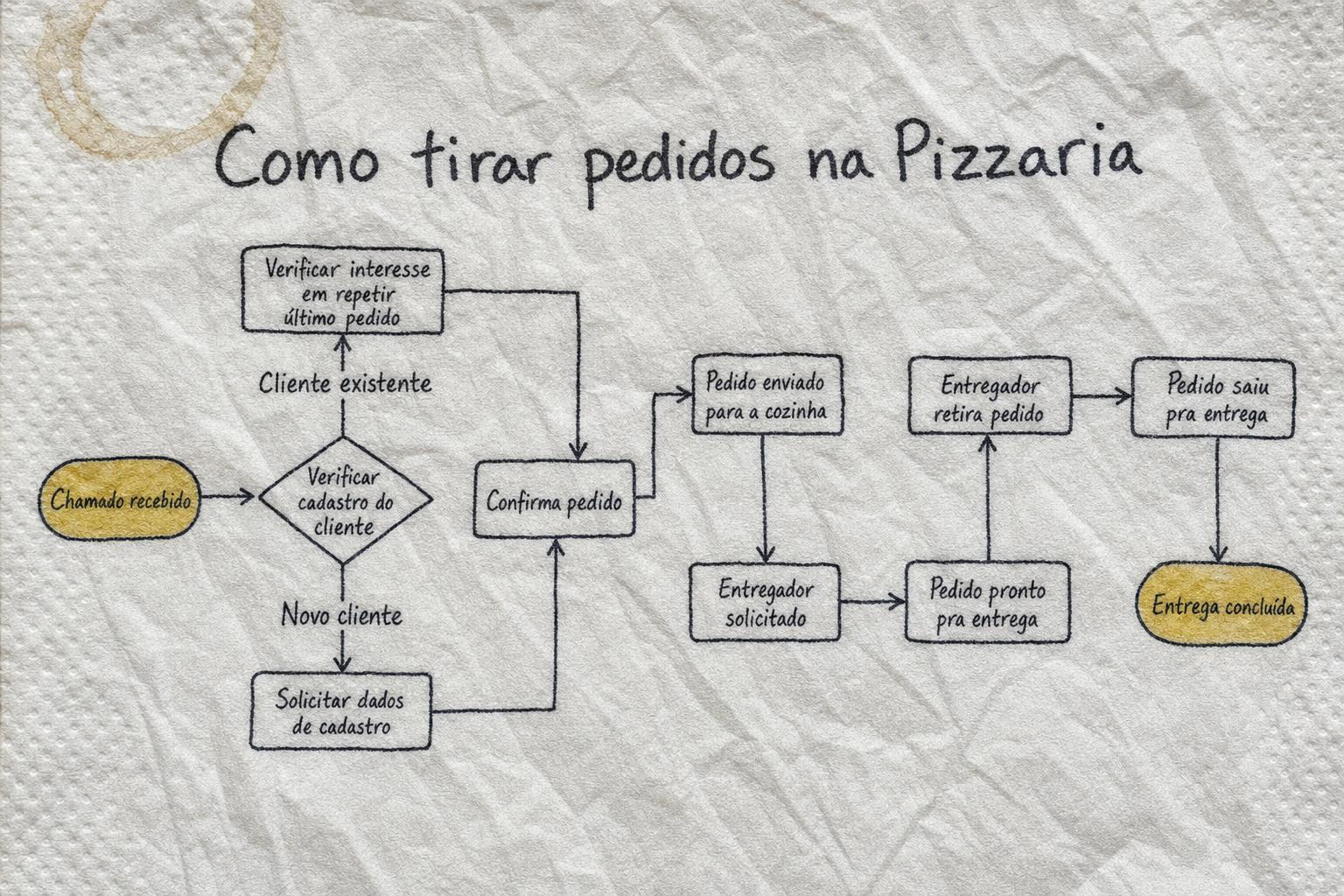 Como tirar pedidos na pizzaria: fluxo desenhado à mão num guardanapo — chamado recebido, verificar cadastro, repetir último pedido ou solicitar dados, confirmar pedido, cozinha, entregador, entrega concluída